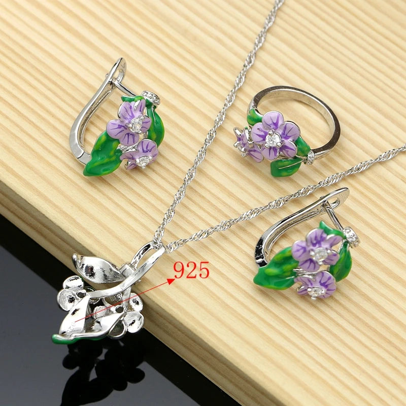 Vintage Jewelry Sets Purple Enamel Orchids 925 Sterling Silver Earrings Ring for Women Wedding Party Dropshipping