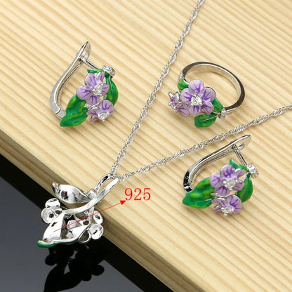 Vintage Jewelry Sets Purple Enamel Orchids 925 Sterling Silver Earrings Ring for Women Wedding Party Dropshipping