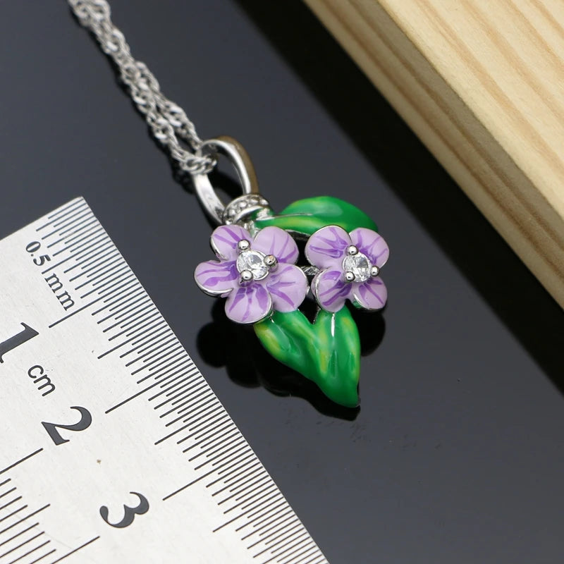 Vintage Jewelry Sets Purple Enamel Orchids 925 Sterling Silver Earrings Ring for Women Wedding Party Dropshipping