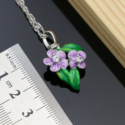 Vintage Jewelry Sets Purple Enamel Orchids 925 Sterling Silver Earrings Ring for Women Wedding Party Dropshipping
