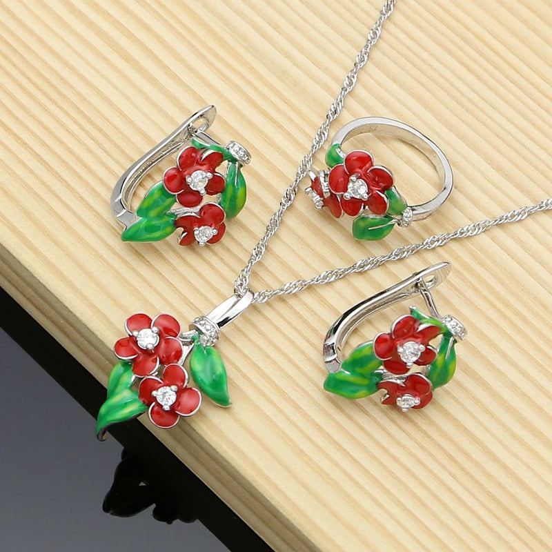 Vintage Jewelry Sets Purple Enamel Orchids 925 Sterling Silver Earrings Ring for Women Wedding Party Dropshipping