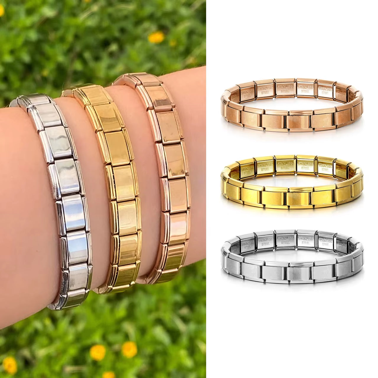 Fashion Simple Elastic Italian Charm Link Chain Stainless Steel Bracelet for Women Men Colorful Bangle on Hand DIY Jewelry Gift